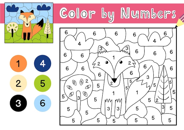 Premium Vector Color By Numbers Game For Kids Coloring Page With A Cute Fox In The Forest Printable Worksheet With Solution