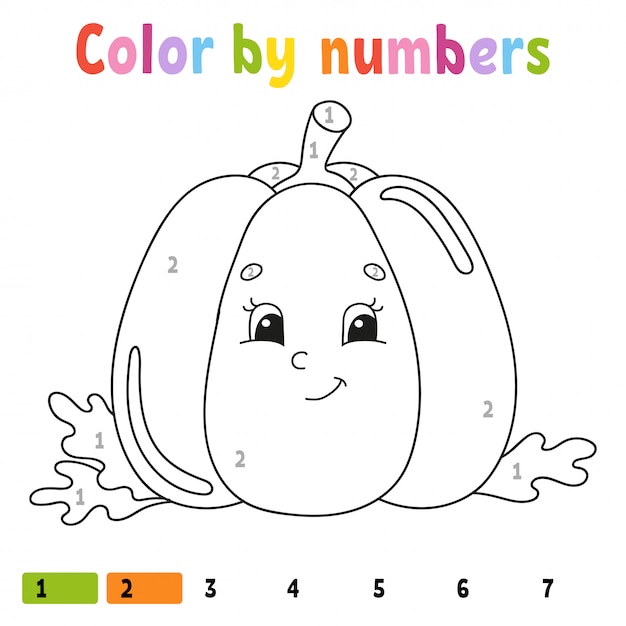数字のカボチャの色 子供のための塗り絵 野菜のキャラクター プレミアムベクター