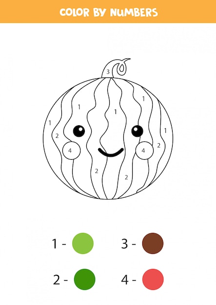 Premium Vector Color Cute Kawaii Watermelon By Numbers Educational Math Game For Kids Funny Coloring Page Printable Worksheet For Class Or Home