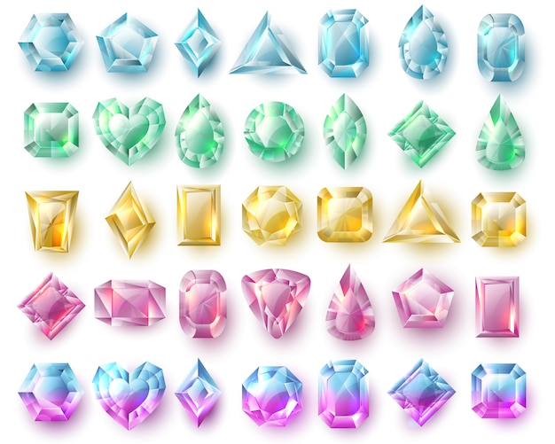 カラーカットの宝石 自然の輝き 貴重な石とダイヤモンドのベクトルを設定分離しました 鮮やかな石 ダイヤモンドの宝石の貴重なイラスト プレミアムベクター