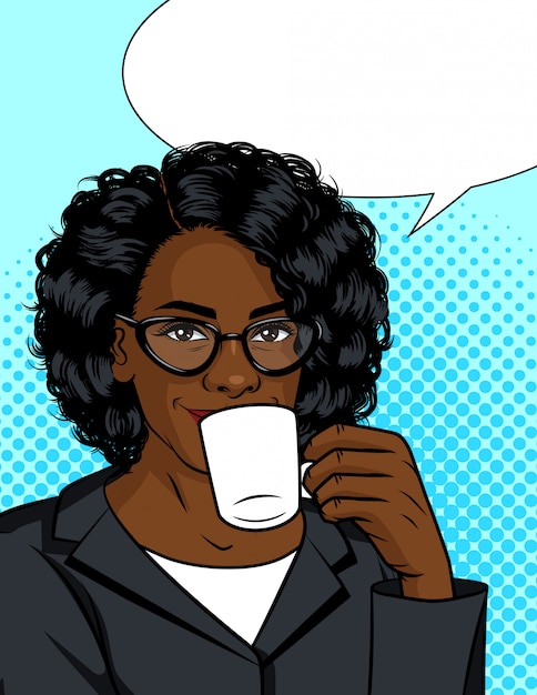 コーヒーを飲む女の子のカラーイラスト 温かい飲み物のマグカップとアフリカ系アメリカ人 プレミアムベクター