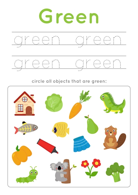 Premium Vector  Color learning worksheet for preschool kids. green