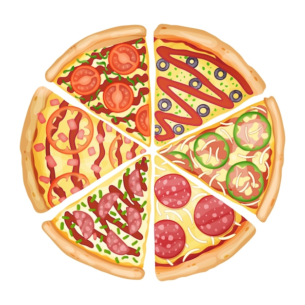 カラーピザの上面図 3dイラストが豊富なトッピング生地を使ったおいしいピザ広告 カフェ レストラン フードデリバリーサービスのカラフルでおいしいバナー プレミアムベクター