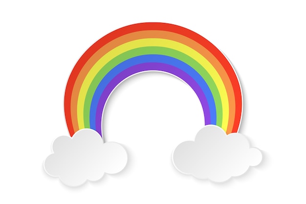 白い背景 イラストに雲と色の虹 プレミアムベクター