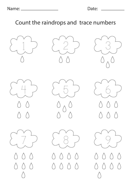 Premium Vector | Color the raindrops and trace numbers inside clouds