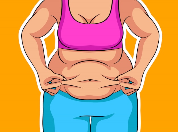 減量前に少女の色ベクトルイラスト 太った女性の腹 不健康な食事とライフスタイルに関するポスター 肥満の女性像 プレミアムベクター