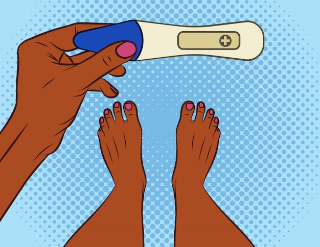 色ベクトルイラストポップアートコミックスタイル 女の子が妊娠検査を行います 妊娠検査が陽性のアフリカ系アメリカ人の女の子 プレミアムベクター