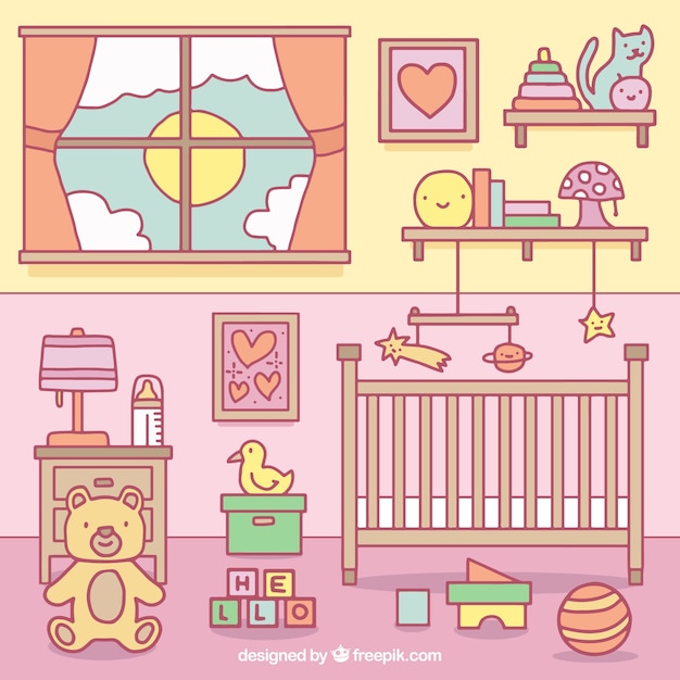 Download Free Vector | Colored baby room with toys and crib