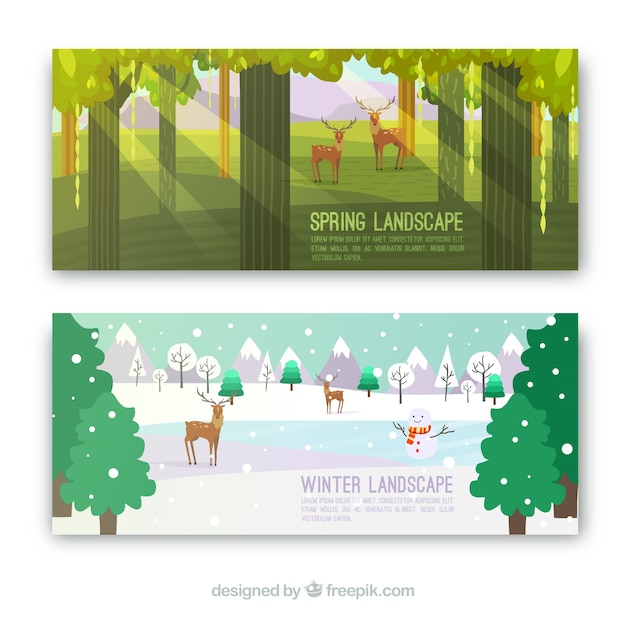Colored banners with spring and winter\
landscapes