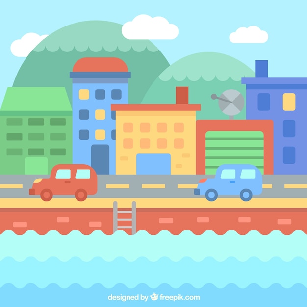 Colored city background with cars