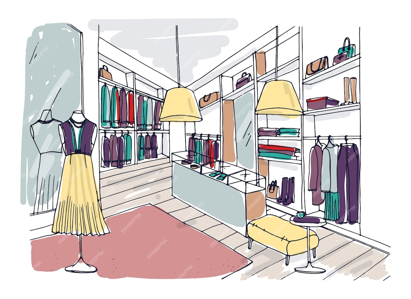 Premium Vector Colored freehand drawing of trendy clothing boutique