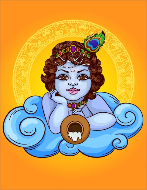 インドの神クリシュナの着色された図は 鍋で雲の上にあります インドの神はクリシュナの小さな男の子です 幸せなjanmashtamiお祝いギフトカード装飾フレーム付き プレミアムベクター
