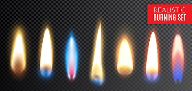 炎のイラストの異なる色や形で設定された色分離現実的な燃焼透明アイコン 無料のベクター