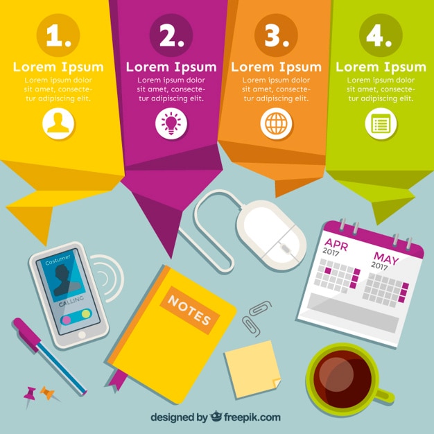 Colored origami banners with workplace infographic Free Vector