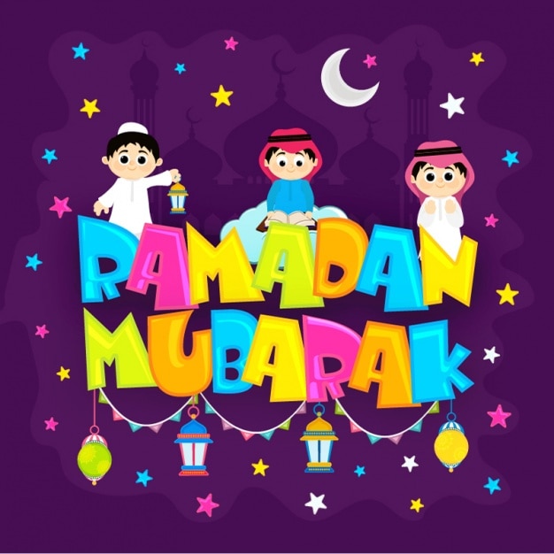 Colored ramadan mubarak background with cute boys Vector | Premium Download