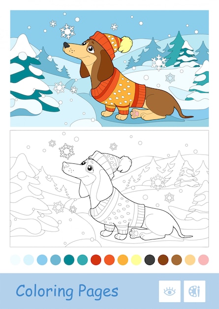 色付きのテンプレートと白い背景の上の雪で遊んで冬服で犬の無色の輪郭画像 野生動物の就学前の子供が本のイラストや発達活動を着色します プレミアムベクター