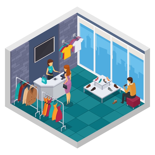 Colored trying shop isometric composition with window wall and store room with buyer Free Vector