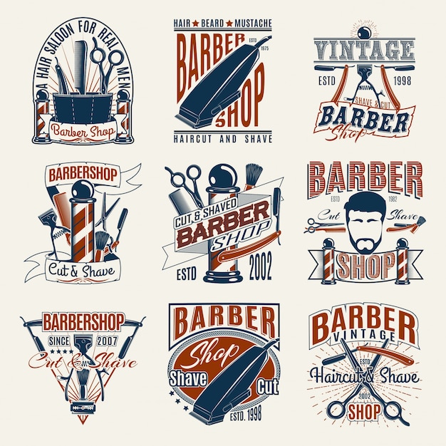 Free Vector Colored Vintage Barbershop Logotypes Set Create a professional barber logo in minutes with our free barber logo maker. colored vintage barbershop logotypes set