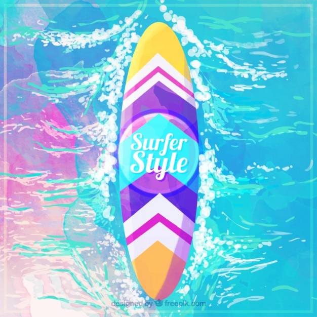 Colored watercolor surfboard in the sea