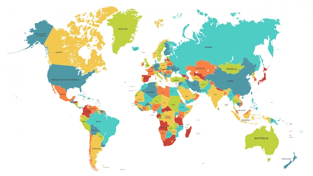 色の世界地図 政治地図 カラフルな世界の国と国の名前のイラスト プレミアムベクター