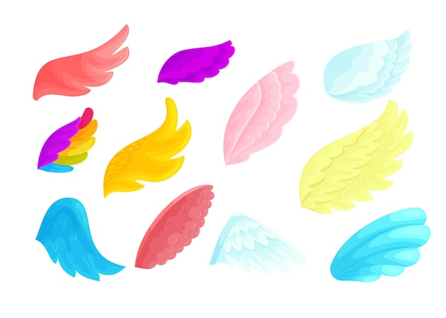 カラフルな天使と妖精の翼の漫画イラストセット 虹色 赤とピンクの魔法の鳥の飛行用ボディパーツ 白の背景に分離された青と黄色の羽の翼 プレミアムベクター
