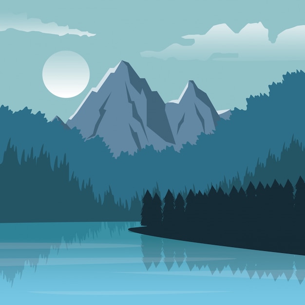 Premium Vector | Colorful background with night landscape of mountain ...