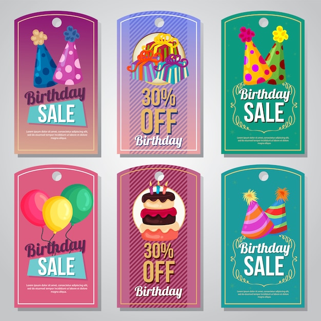 Download Colorful birthday tag set party hat balloon tart | Premium Vector