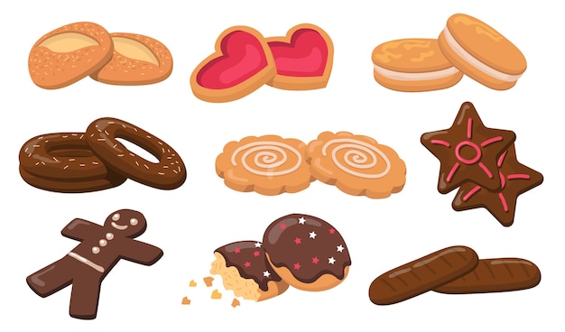 カラフルなビスケットとクッキーフラット要素セット デザート分離ベクトルイラストコレクションの漫画の新鮮な丸い甘いおいしいクッキー ペストリーと菓子のコンセプト 無料のベクター