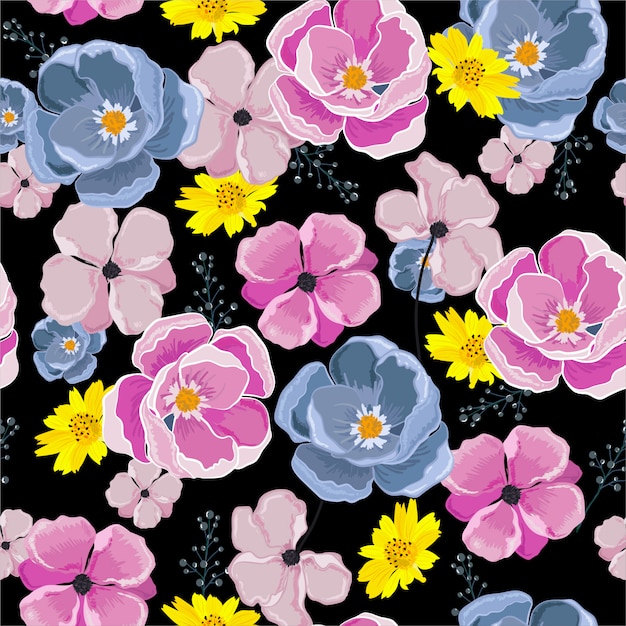 カラフルな花が咲く花の多くの種類の花のシームレスなパターンイラスト ファッション ファブリック 壁紙 ラッピングのデザイン プレミアムベクター