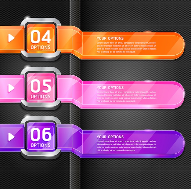 Colorful buttons website style number options banner & card background. Premium Vector