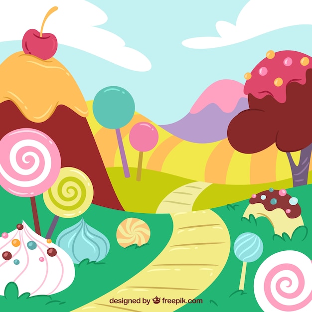 Free Vector | Colorful candy land background in hand drawn style
