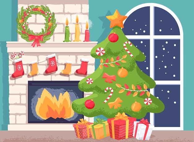 Premium Vector | Colorful cartoon christmas tree fireplace presents in ...