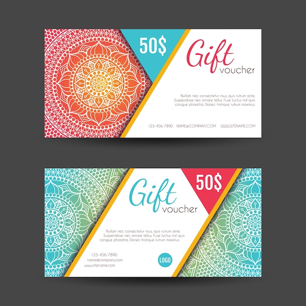 Colorful discount vouchers decorated with\
mandalas