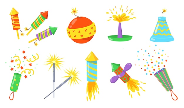 カラフルな爆竹フラットイラストセット 漫画の爆弾 ロケット ヒューズ付きクラッカーは ベクトルイラストコレクションを分離しました 休日やお祝いのコンセプトの花火 無料のベクター