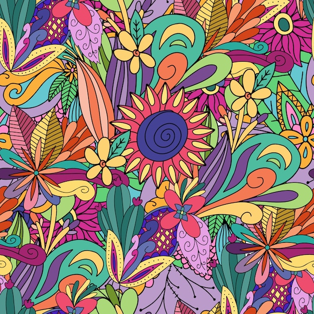 Download Colorful floral flower doodle art seamless pattern design Vector | Premium Download
