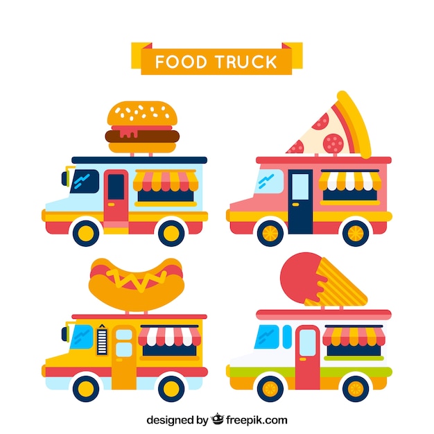 Colorful food trucks with flat design