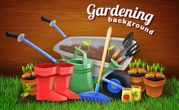 Colorful gardening background with farm tools | Free Vector
