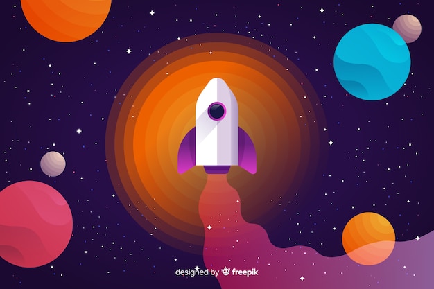 Colorful gradient space with a rocket background Free Vector