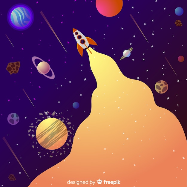 Colorful gradient space with a rocket background Free Vector