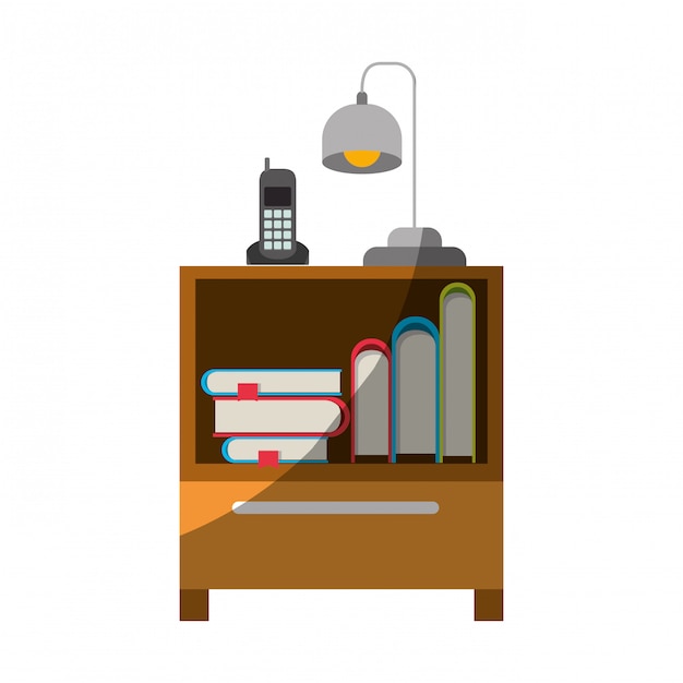 Premium Vector Colorful Graphic Of Nightstand With Cordless Phone And Lamp And Books Stacking Without Contour And Half Shadow