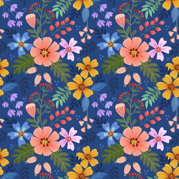 カラフルな手描きの花は ファブリックテキスタイルの壁紙の青い色のシームレスなパターンに描かれています プレミアムベクター