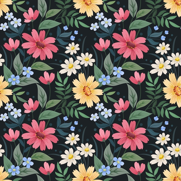 カラフルな手は 布繊維の壁紙のための花のシームレスなパターンを描画します プレミアムベクター