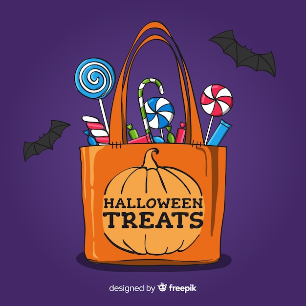 Colorful hand drawn halloween candy bag Free Vector