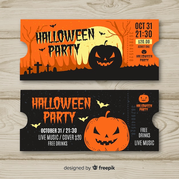 Colorful hand drawn halloween party ticket template Vector Free Download