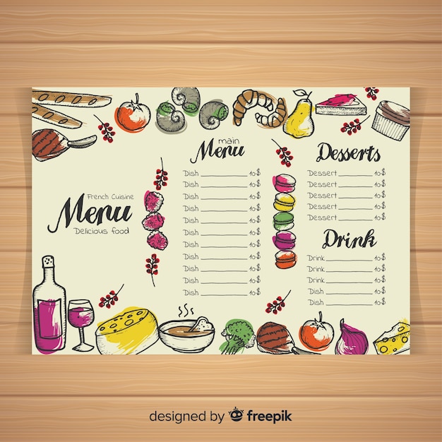 Colorful hand drawn restaurant menu template Free Vector