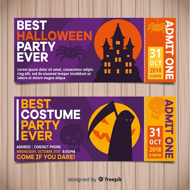 Colorful hand drawn set of halloween party tickets Free Vector