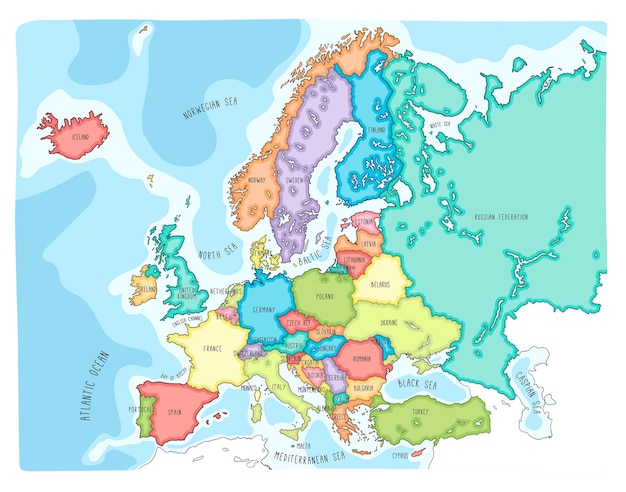 ヨーロッパのカラフルな手描きベクトル地図 プレミアムベクター