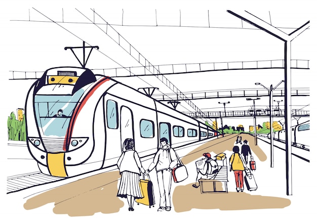 人々 到着郊外電車を待っている乗客とカラフルな水平スケッチ 手描きイラスト プレミアムベクター