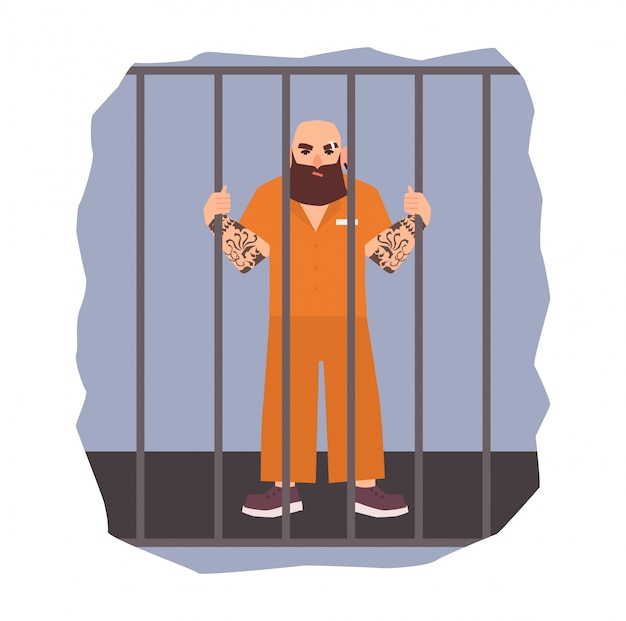 逮捕された男性囚人をフィーチャーしたカラフルなイラスト 鉄の細胞を保持している怒っている人 フラットの図 プレミアムベクター