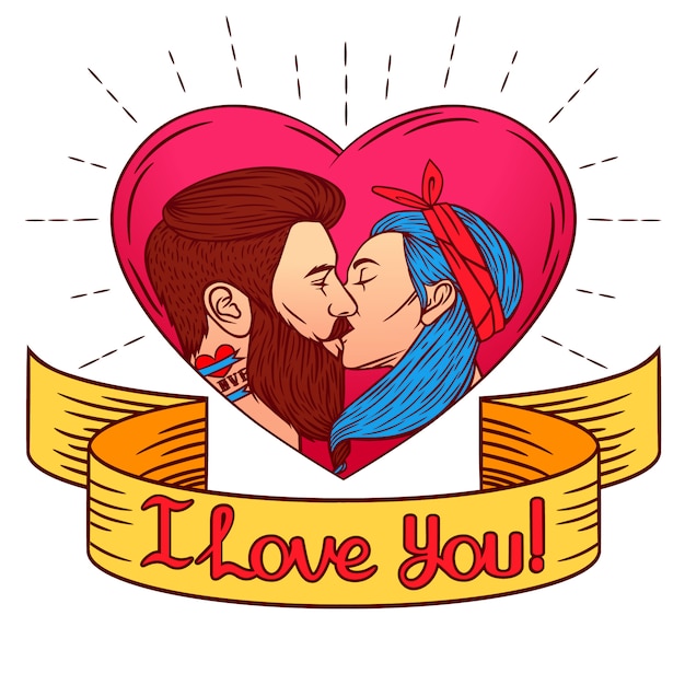 聖バレンタインのカードのカラフルなイラスト 男が女にキスをするイメージ ピンク色のハートの背景にリボンの上に I Love You というテキストが描かれた2人の若者 プレミアムベクター
